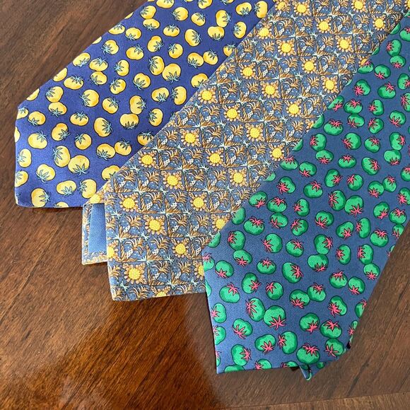 Lot Of 3 Hermès Ties: Tomatoes Sun Flowers Green Blue Yellow France TA HA - Picture 1 of 6